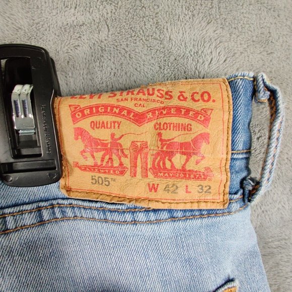 Levis 505 Jeans Men 42 Blue Straight Light Wash Denim Stretch Pants Solid 42x30 - Picture 10 of 11